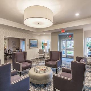 A modern lobby area with comfortable seating and stylish decor.