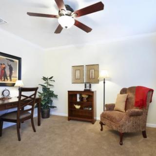 A cozy home office with a desk, chair, and decorative elements.