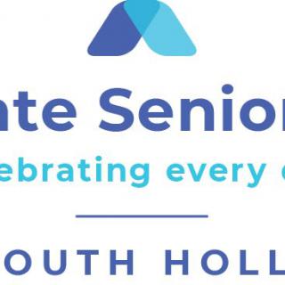 A logo for a senior living community with the tagline 'Celebrating every day' and location mentioned as South Holland.