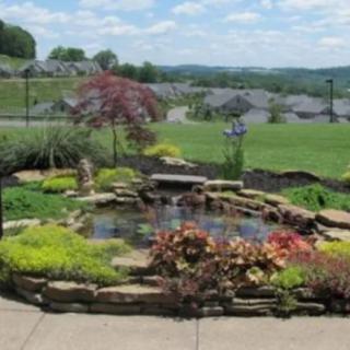 A beautifully landscaped garden with a pond, surrounded by lush greenery and colorful plants, overlooking a tranquil countryside.