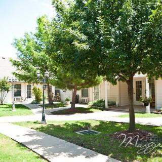 A peaceful residential neighborhood with well-maintained lawns and trees lining the sidewalk.