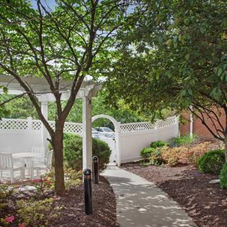 A serene garden pathway with an archway and lush greenery.
