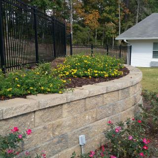 A landscaped garden featuring a stone retaining wall adorned with blooming flowers, bordered by a tall fence.