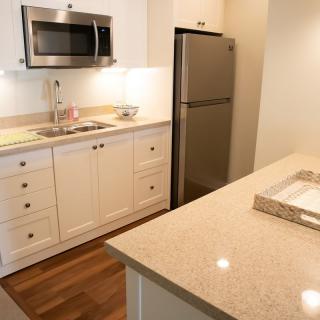 A modern kitchen with sleek appliances and a large countertop island.