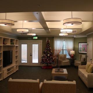 A cozy living room adorned with a Christmas tree, featuring modern decor and inviting lighting.