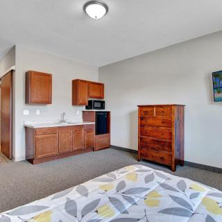 A minimalist room with a bed, kitchenette, and wooden furniture.