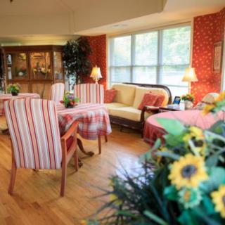 Cozy living room with striped chairs and floral decor.
