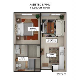 Floor plan of an assisted living unit with one bedroom, a bathroom, living room, and kitchenette.