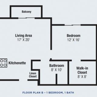 One-bedroom apartment floor plan with living area, kitchenette, bathroom, walk-in closet, and balcony.