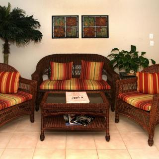 A cozy living room setup featuring wicker furniture with colorful cushions, complemented by indoor plants and wall art.