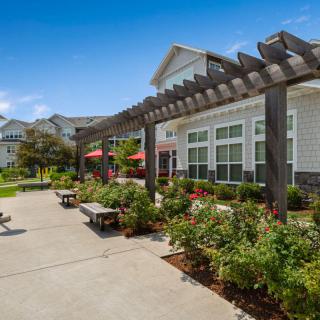 A sunny outdoor space with a pergola and garden next to a modern building.