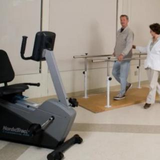 A person undergoing rehabilitation with the assistance of a therapist, using parallel bars and exercise equipment.