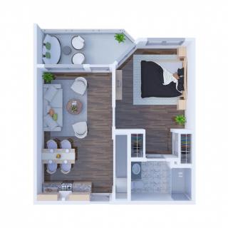 A 3D floor plan of a modern apartment, featuring an open living and dining area, a bedroom, and a bathroom.