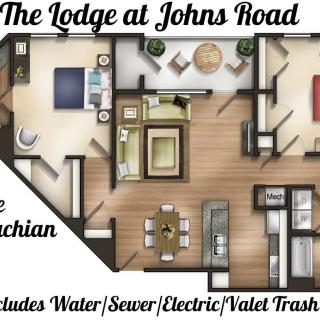 Floor plan of a residential apartment at The Lodge at Johns Road, including utility details.