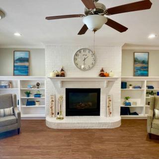 Cozy living room with a central fireplace, flanked by bookshelves and decorated with art pieces.