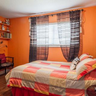 A cozy bedroom with vibrant orange walls and a neatly made bed.