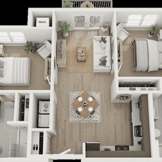 A top-view floor plan of a modern apartment with two bedrooms, a living room, kitchen, and dining area.