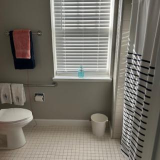 A bright and modern bathroom featuring a shower curtain, towels, and a window.