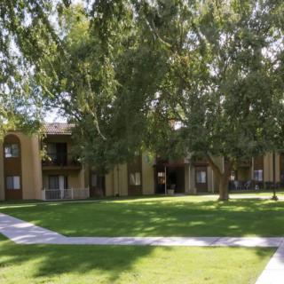 An outdoor view of an apartment complex with a well-maintained lawn and trees.