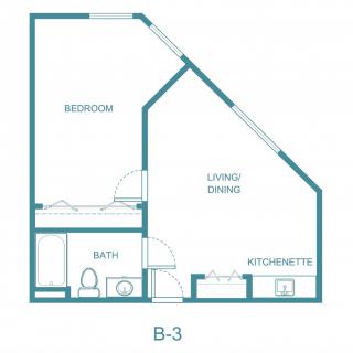 Floor plan of an apartment labeled B-3, featuring a bedroom, bathroom, living/dining area, and kitchenette.