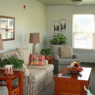 A cozy living room with patterned furniture, decorative plants, and warm lighting.