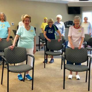 A group of seniors participating in a chair exercise class.