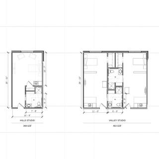 Architectural floor plan showing the layout of two different house designs.