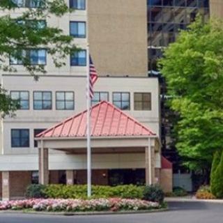 A hotel entrance with a red roof and an American flag in front, surrounded by greenery.
