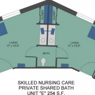Floor plan of a skilled nursing care unit with a private shared bath.