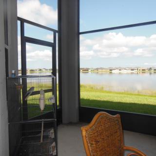 A peaceful screened patio overlooking a serene lake with outdoor seating.