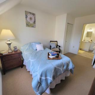 A cozy bedroom with a single bed adorned with blue bedding, accompanied by a nightstand and lamp, leading to an en suite bathroom.