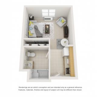 A 3D rendering of a compact one-bedroom apartment layout featuring a cozy living area, kitchenette, bathroom, and sleeping space.