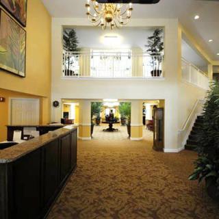 A hotel lobby with a reception desk, decorative plants, and a chandelier.