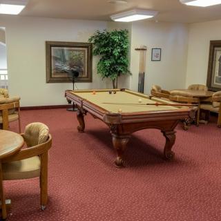 A cozy billiards room featuring a pool table surrounded by chairs and tables, with decorative elements and carpeted flooring.
