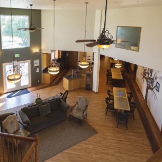 Spacious lobby with cozy seating and elegant lighting fixtures.