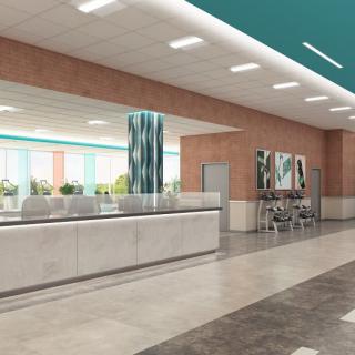 A modern airport check-in area with sleek counters and a spacious waiting area.