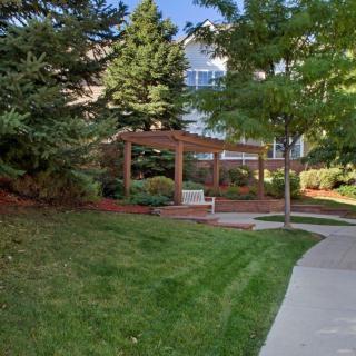 A serene garden with a pathway, trees, and a bench under a pergola.