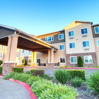 A modern hotel building with a welcoming entrance and landscaped surroundings.