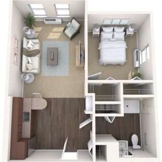 A 3D floor plan of a one-bedroom apartment featuring a living room, kitchen, bathroom, and bedroom.