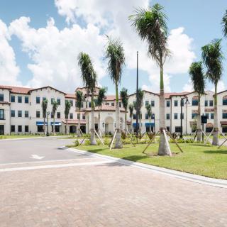 A modern residential building surrounded by palm trees under a clear sky.