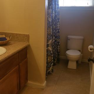 A bathroom with a sink, toilet, and a shower curtain.