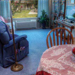 A cozy living room with blue carpet, featuring a comfortable chair, table with a patterned cloth, and large windows overlooking greenery.