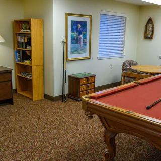 A cozy game room featuring a red pool table, bookshelf, and decorative elements.