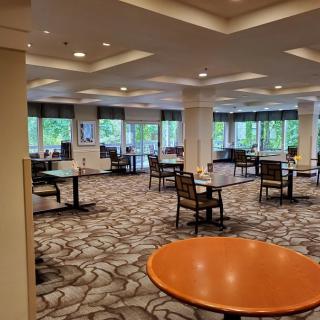 A spacious dining area with multiple tables and chairs, carpeted flooring, and large windows providing natural light.