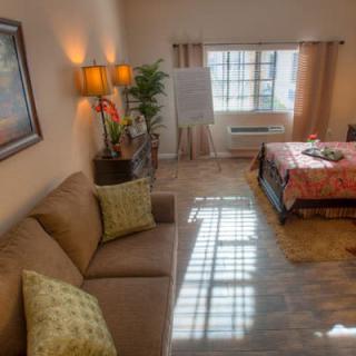 A cozy living space with a sofa, bed, and abundant natural light.