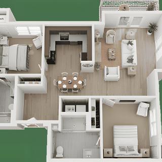 A 3D floor plan of a modern apartment with two bedrooms, a living room, kitchen, dining area, and bathroom.