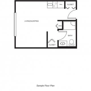 A simple floor plan of a studio apartment with designated living and kitchen areas, a bathroom, and a closet space.