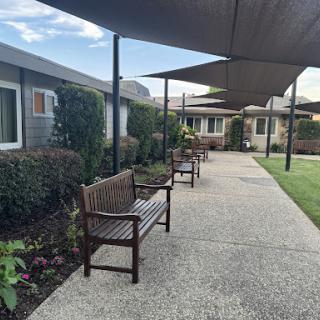 A serene outdoor pathway lined with benches under shade sails, surrounded by greenery.