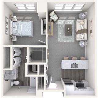 One-bedroom apartment floor plan with living room, kitchen, and bathroom.