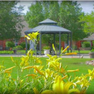 A peaceful park scene featuring a gazebo surrounded by lush greenery and blooming flowers.